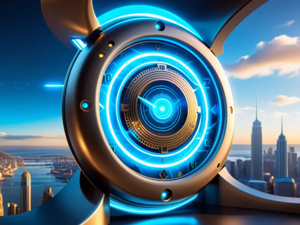 Vórtices Temporales: Máquina del Tiempo Futurista Una máquina del tiempo futurista con energía azul brillante y un paisaje urbano que fusiona diferentes épocas, capturando el impacto cultural del viaje en el tiempo, al estilo Back to the Future