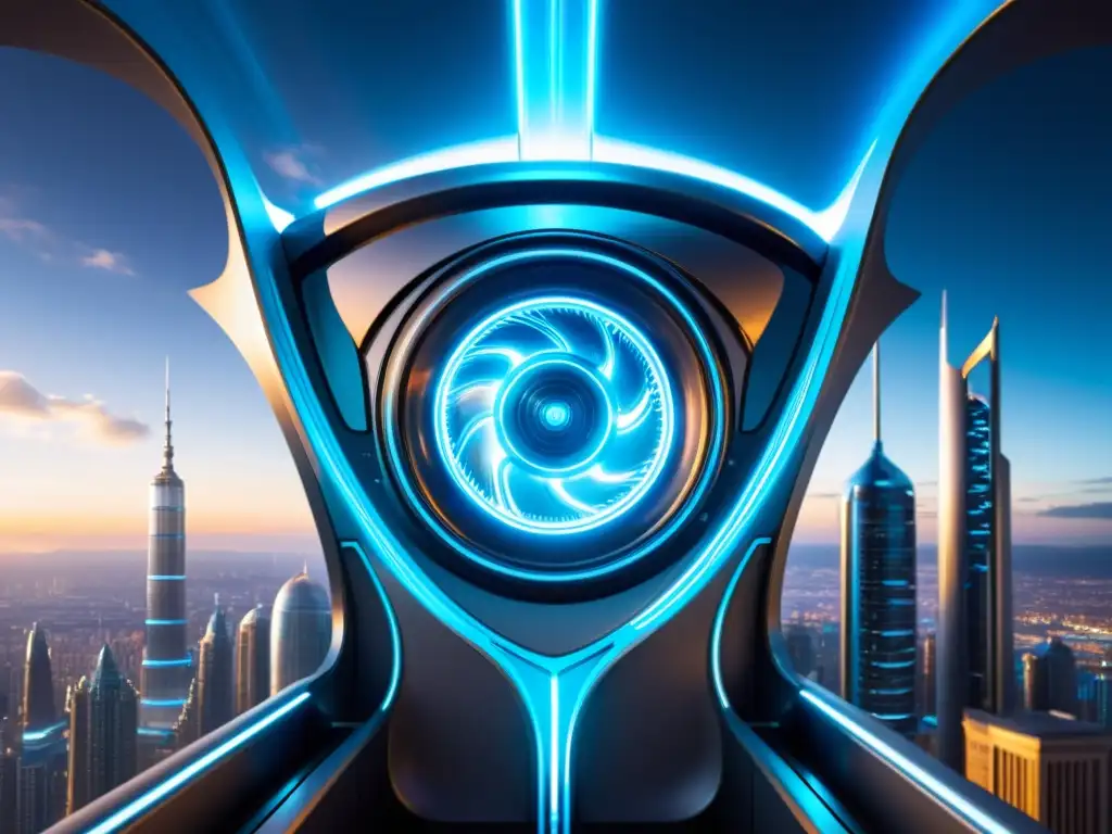 Máquina del tiempo futurista sobre la ciudad Una máquina del tiempo futurista con luces azules brillantes y un remolino de energía, sobre un paisaje urbano futurista