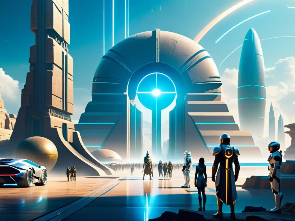 Portal tecnológico en antigua ciudad Maravilla de viajes temporales en civilizaciones antiguas: una ciudad antigua con tecnología futurista y habitantes asombrados por un portal brillante