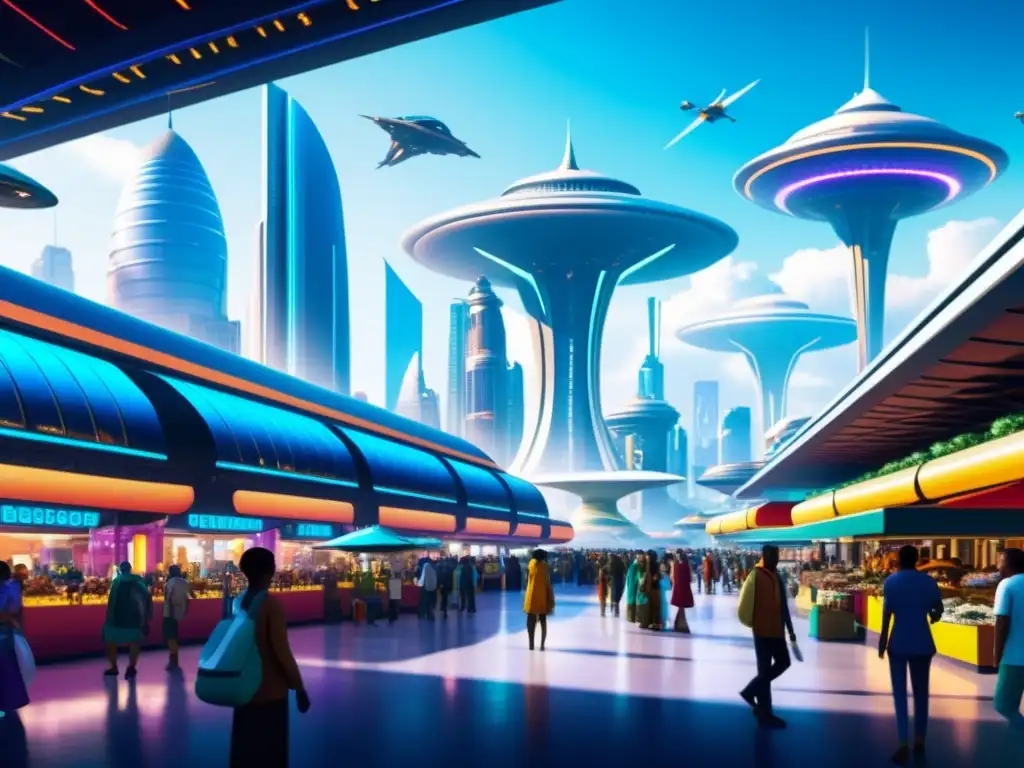Mercado interdimensional: fusión cultural futurista Mercado bullicioso en ciudad futurista, con rascacielos y vehículos voladores