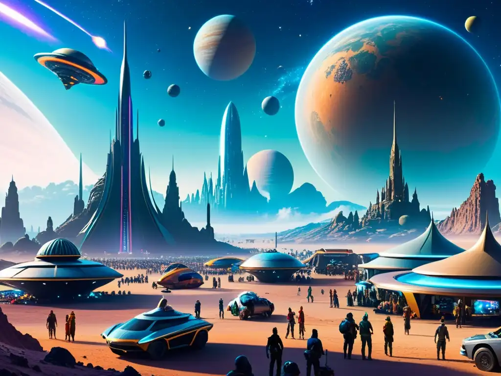 Mercado intergaláctico: rebeldía y negociaciones en el cosmos Un mercado intergaláctico bullicioso en un planeta distante