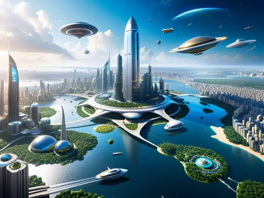 Ciudad flotante multiversal: metrópolis futurista en islas interconectadas Una metrópolis bulliciosa se extiende en islas flotantes interconectadas, con rascacielos, sistemas de transporte y una barrera de energía