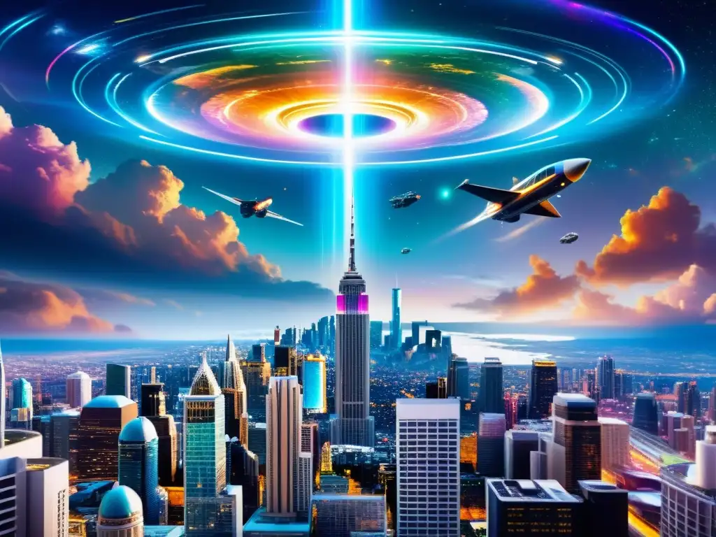 Metrópolis futurista y galáctica: maravilla tecnológica Una metrópolis futurista con hologramas, naves espaciales y portales energéticos, rodeada de galaxias y fenómenos cósmicos