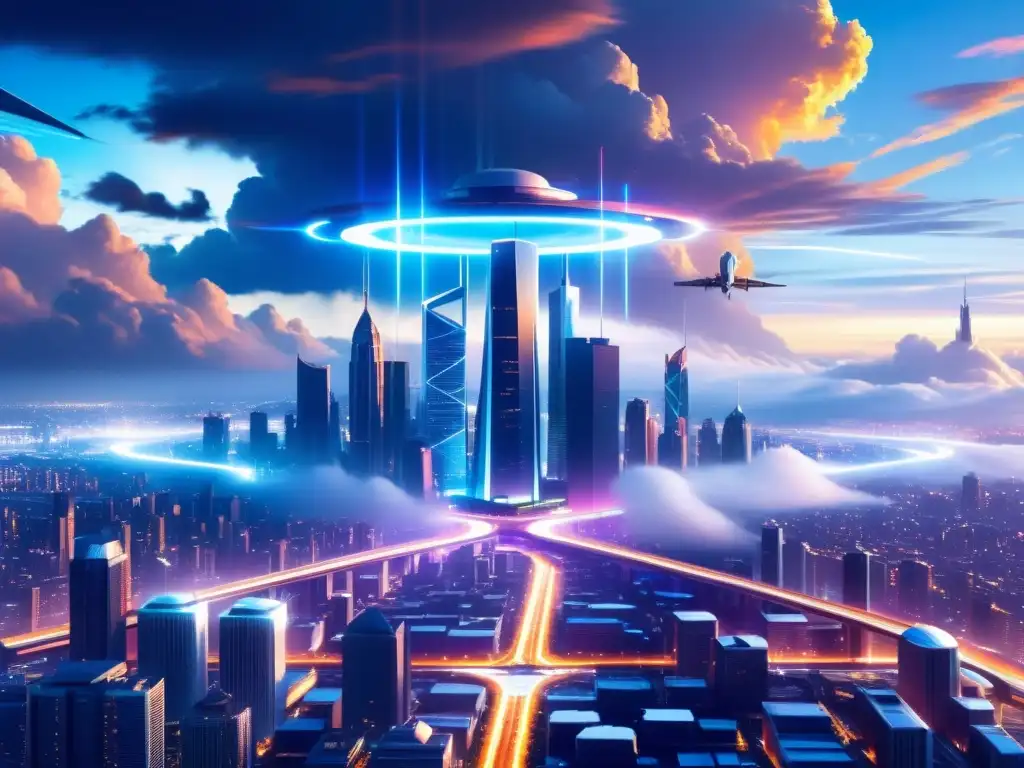 Metrópolis futurista con rutas de neon y portales interdimensionales Una metrópolis futurista con rascacielos, autopistas de neón y portales de viajes interdimensionales universos paralelos