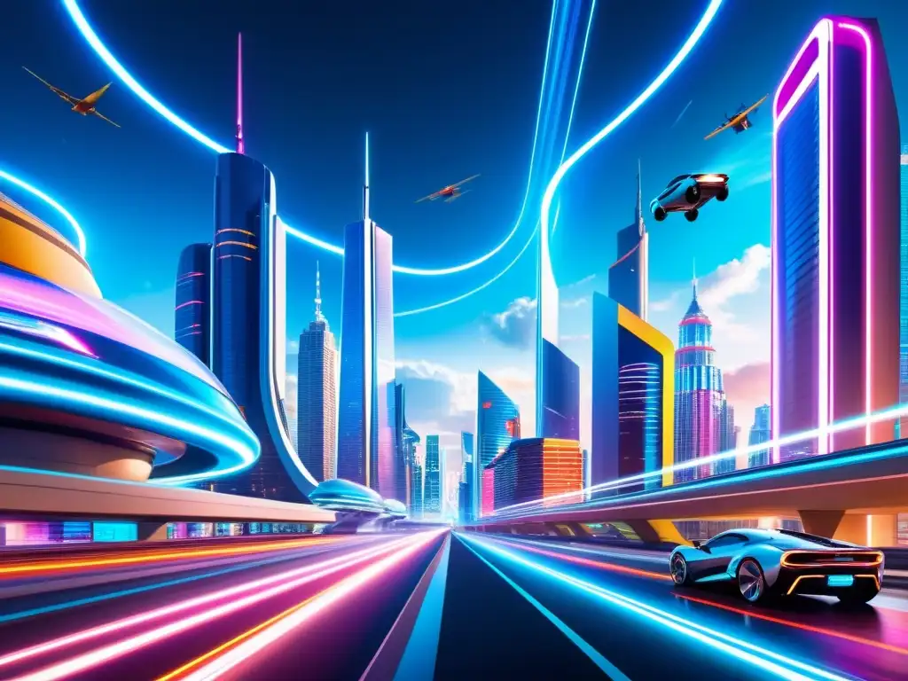 Metrópolis futurista y portal interdimensional: un contraste impactante Una metrópolis futurista con rascacielos imponentes, luces de neón y carteles holográficos