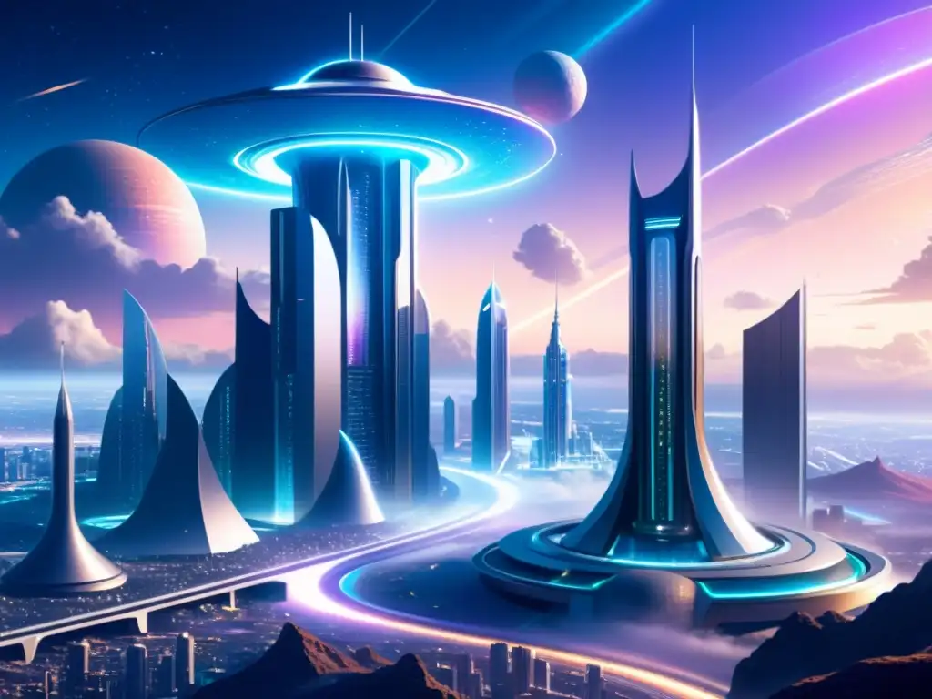 Metrópolis futurista en nebulosas Una metrópolis futurista con rascacielos interconectados por pasarelas iridiscentes