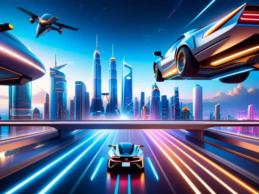 Futurista ciudad estelar: maravilla urbana y misterios cósmicos Una metrópolis futurista con rascacielos, tecnología avanzada y un cielo estrellado, capturando la esencia de la expansión del universo de Fringe