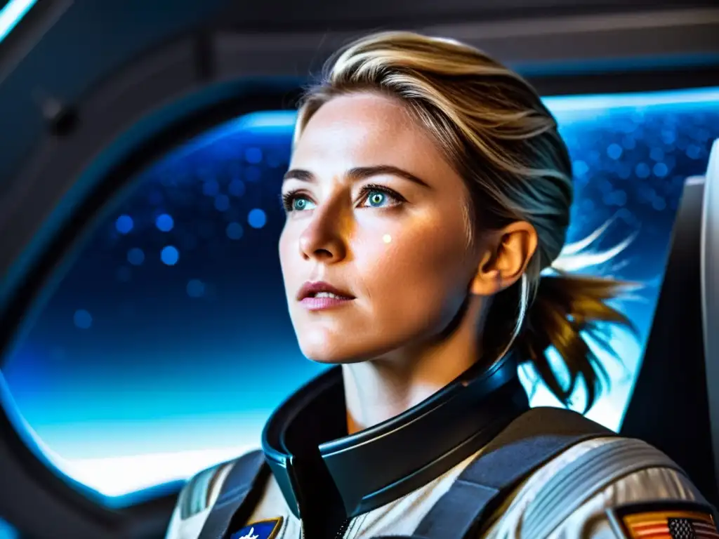 Starbuck en la cabina de un Viper: determinación en el espacio Kara 'Starbuck' Thrace en el Viper, mirada determinada