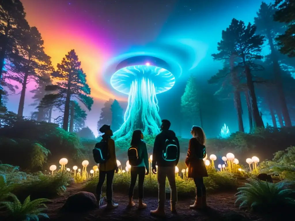Exploradores en bosque interdimensional de The OA Misterios y simbolismos de The OA: Grupo de individuos en un bosque oscuro y misterioso, iluminado por plantas bioluminiscentes