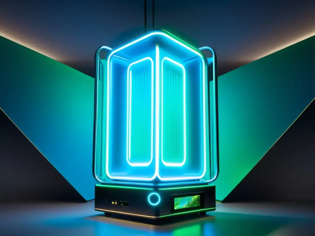 Dispositivo futurista irradiando energía misteriosa Un misterioso dispositivo futurista emite energía brillante, envolviendo a una figura en una túnica iridiscente
