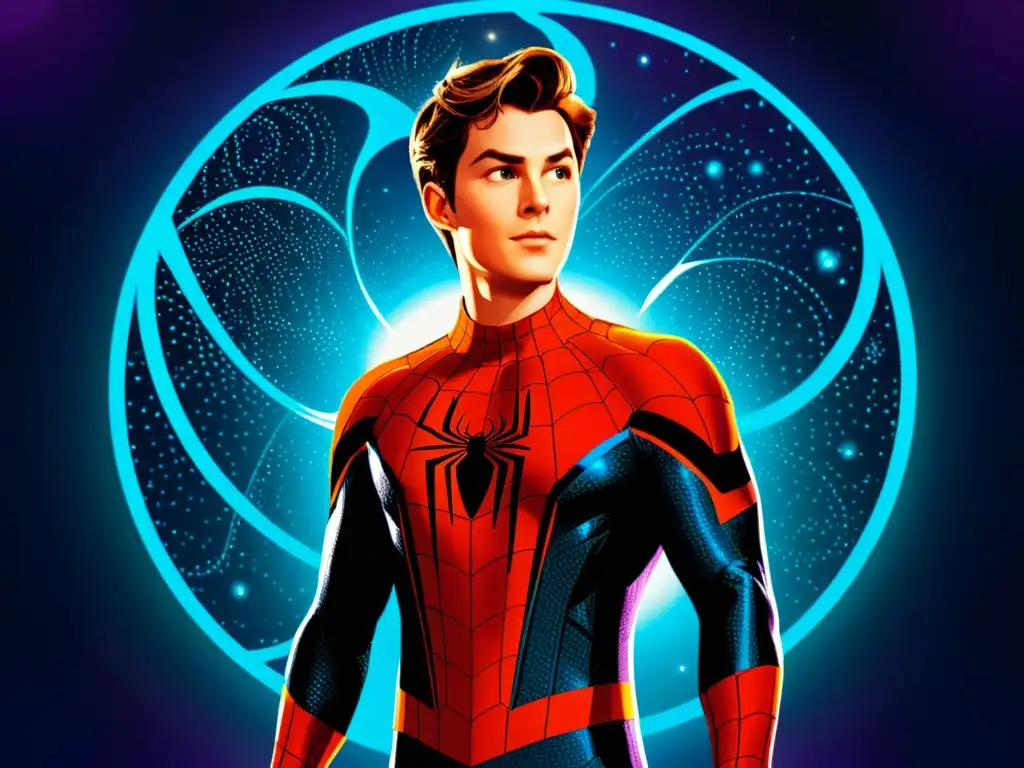 Peter Parker: Multiverso de trajes de ciencia ficción Peter Parker en el Multiverso Marvel: Ilustración digital detallada con múltiples versiones de Peter Parker en trajes sci-fi únicos, en un complejo multiverso de portales y realidades alternativas