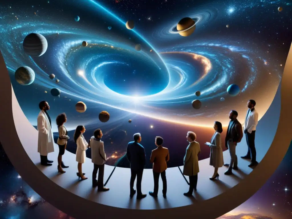 Universos Infinitos: Debate Científico en el Multiverso Un multiverso infinito de estrellas y científicos debatiendo la teoría científica del multiverso con pasión y rigor intelectual