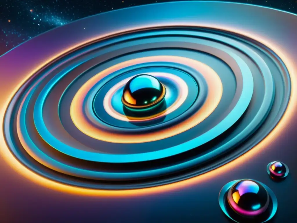 Exploración Interdimensional: Nave Futurista en un Multiverso Iridiscente Un multiverso iridiscente con naves espaciales, portales y leyes físicas únicas, evoca la exploración interdimensional y las tecnologías del multiverso
