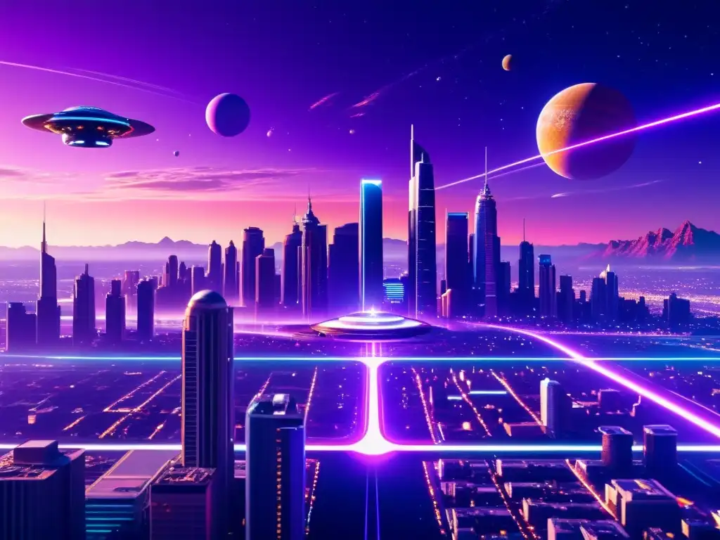 Metropolis Futurista: Luces de Neón y Planetas Distantes Un mundo futurista de rascacielos, coches voladores y luces de neón, con un cielo púrpura y lunas, evocando la realidad desdoblada literatura