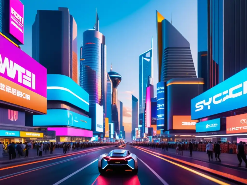 Metrópolis futurista: robots, hologramas y portales Un mundo futurista de rascacielos iluminados por luces de neón, rodeados de vallas publicitarias holográficas
