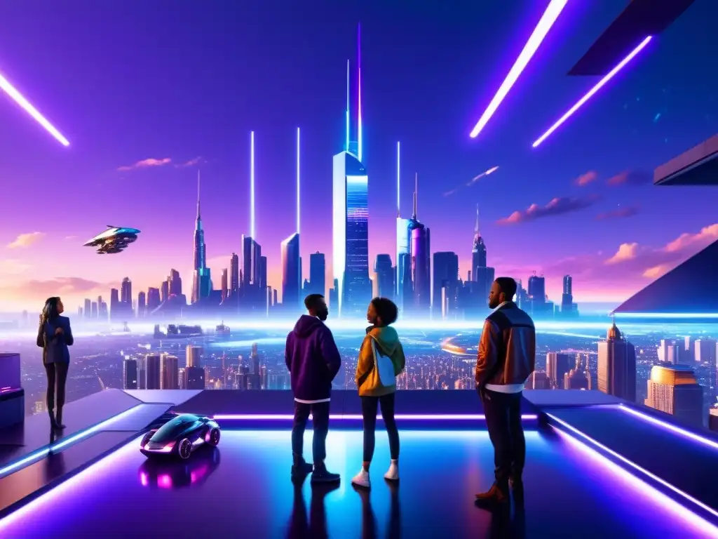 Horizonte futurista: diversidad en ciudad tecnológica En un mundo paralelo, un grupo diverso observa una metrópolis futurista desde una azotea