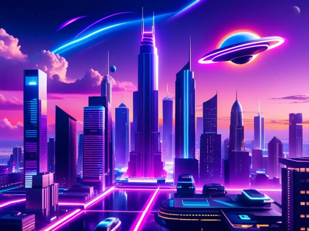 Metrópolis futurista con personajes diversos y paisaje alienígena En un mundo de universos paralelos, una ciudad futurista cobra vida con rascacielos, luces neón y vehículos voladores