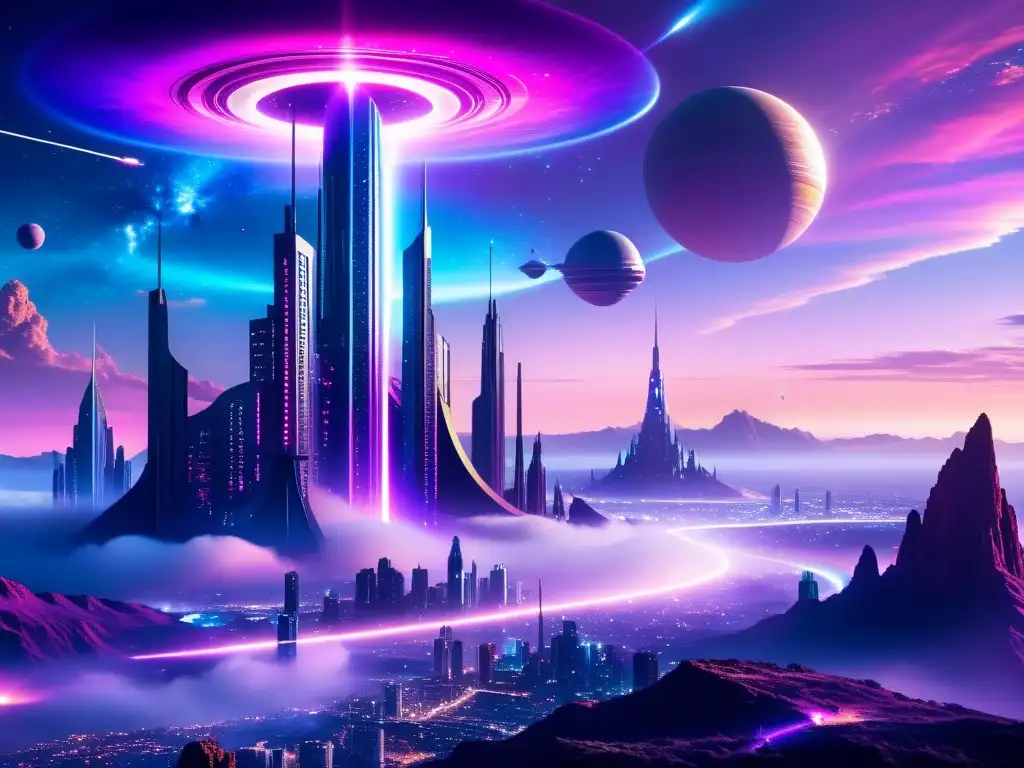 Metrópolis alienígena: nebulosa iridiscente y seres misteriosos Música en universos paralelos: Ciudad futurista alienígena con luces etéreas, naves espaciales y una atmósfera de misterio y maravilla