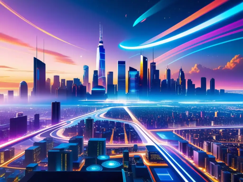Metrópolis futurista: luces, hologramas y naves en un mundo único Música en universos paralelos: Una metrópolis futurista con rascacielos que proyectan sombras sobre calles iluminadas por neón