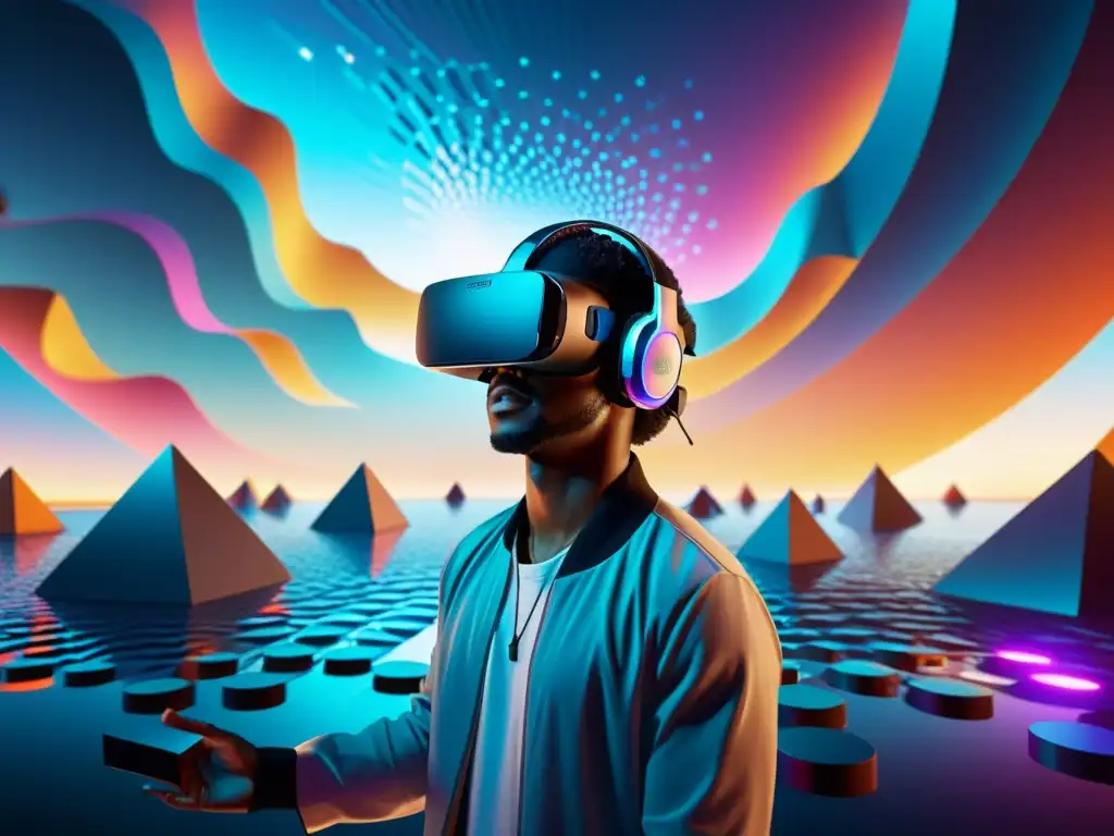 Realidad virtual: músico crea sinfonía digital en paisaje futurista 8k Un músico crea paisajes sonoros realidad virtual en un entorno futurista de formas geométricas y ondas de sonido multicolores