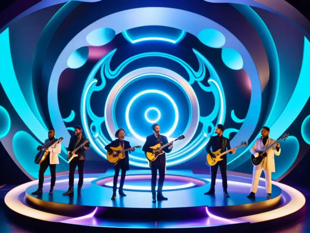 Concierto cósmico: músicos futuristas en un viaje por el multiverso Músicos en trajes futuristas tocan instrumentos iridiscentes en un escenario cósmico, creando música que desafía al multiverso