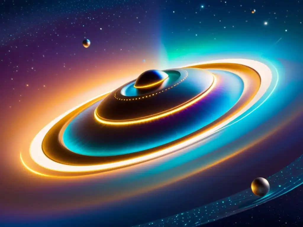 Una nave espacial elegante atraviesa un campo de energía iridiscente con propulsión warp para explorar universos paralelos