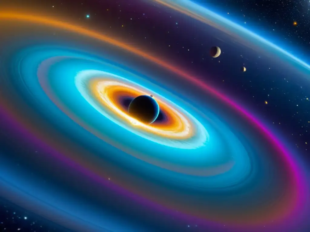 Viaje interestelar a través de un remolino iridiscente Una nave espacial frente a un agujero de gusano iridiscente, mostrando la exploración interdimensional agujeros gusano