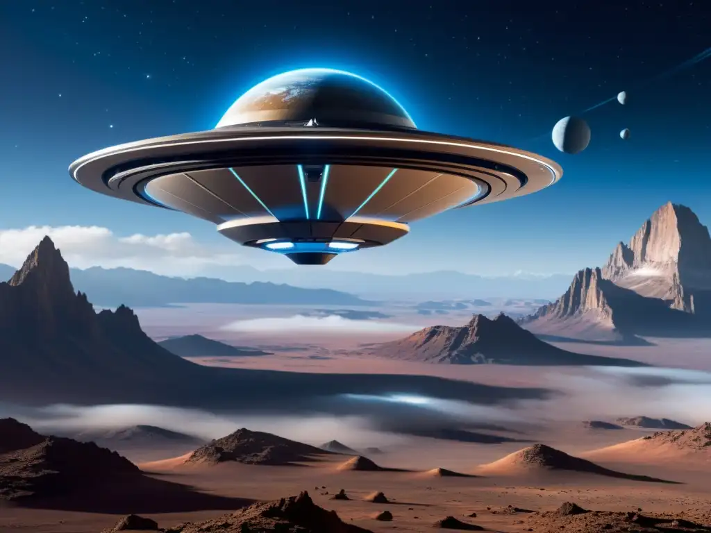 Naves espaciales futuristas exploran sistema planetario Un nave espacial futurista emite un brillo azul antigravedad sobre un planeta con múltiples lunas, mostrando un diseño avanzado y propulsión