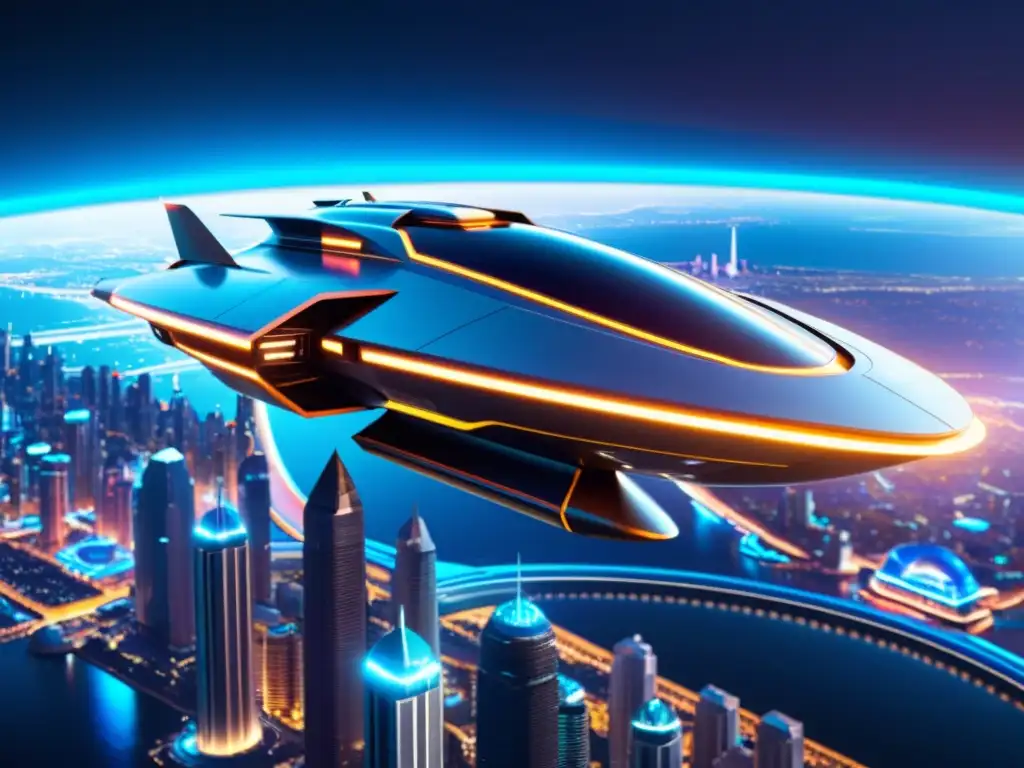Una nave espacial futurista sobrevolando una ciudad, con luces neón y tecnología avanzada, evocando viajes interdimensionales teorías científicas