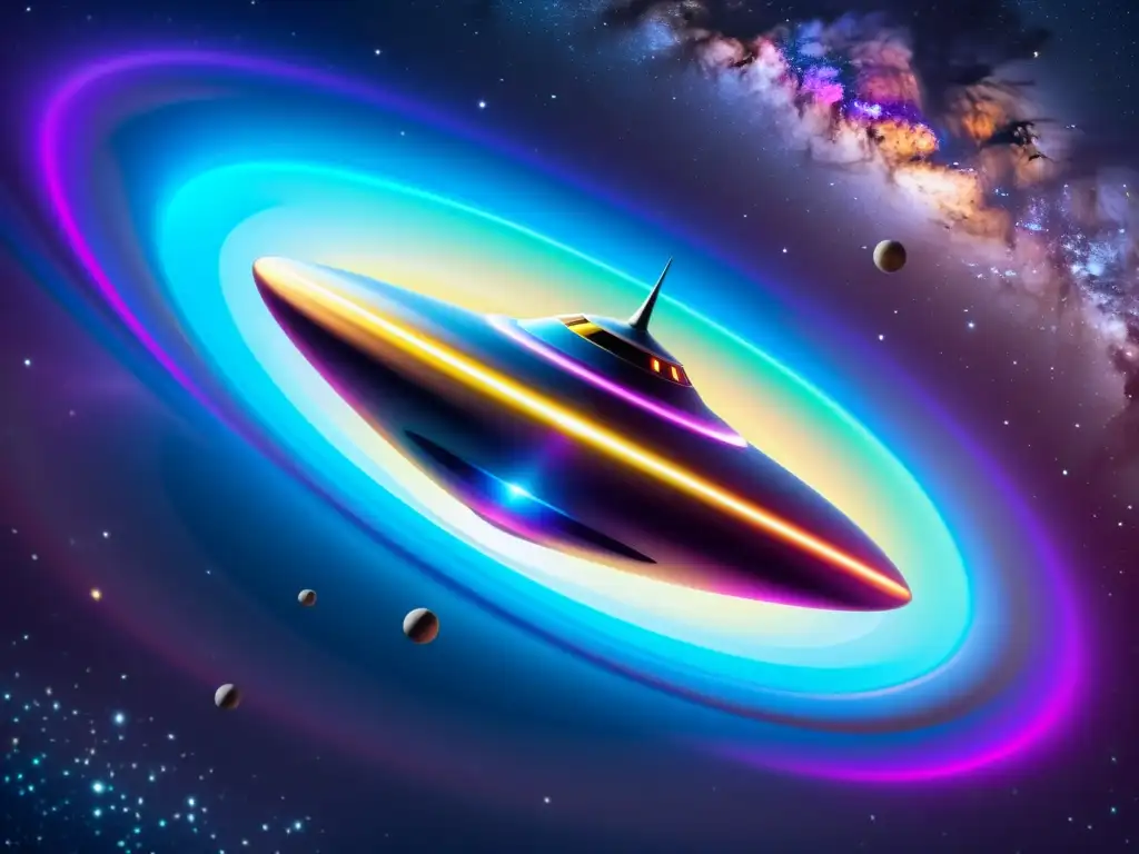 Nave espacial futurista frente a energía interdimensional Una nave espacial futurista refleja energía interdimensional en un paisaje estelar, evocando la Teoría Holográfica Universo Viajes Interdimensionales