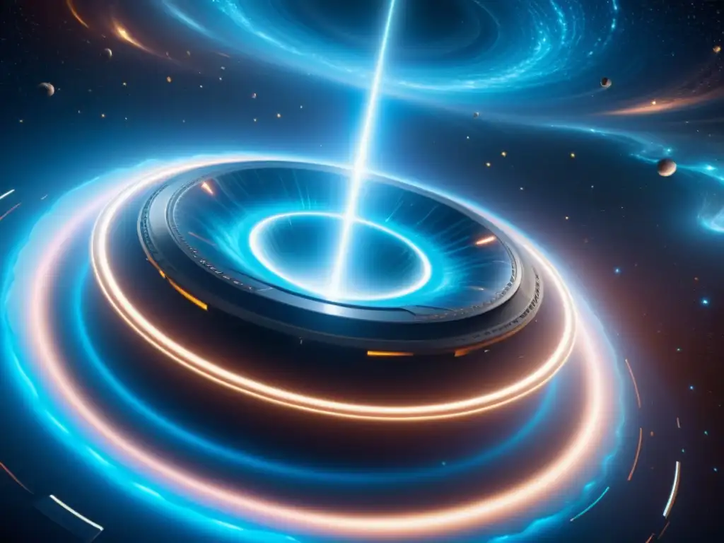Nave espacial futurista en el umbral del wormhole Nave espacial futurista en la entrada de un agujero de gusano luminoso, evocando viajes interdimensionales