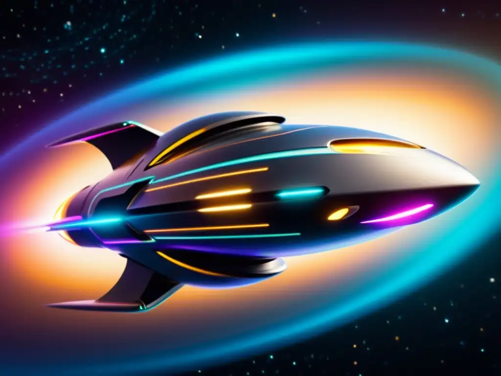 Una nave espacial futurista en el espacio negro, rodeada de energía iridiscente y propulsión warp para explorar universos paralelos