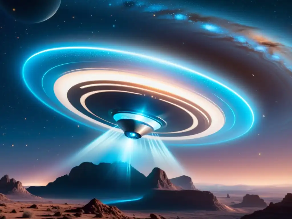 Nave espacial futurista en portal iridiscente Una nave espacial futurista flota sobre un portal iridiscente, transmitiendo asombro y posibilidades de antigravedad como clave movilidad dimensional