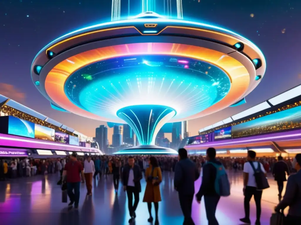 Mercado Interdimensional: Nave Futurista y Multitudes Alienígenas Una nave espacial futurista flota sobre un bullicioso mercado interdimensional