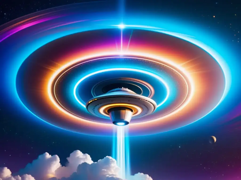 Viaje interdimensional: Nave futurista en vortex de colores Una nave espacial futurista flota sobre un remolino de colores vibrantes, representando viajes interdimensionales teorías científicas