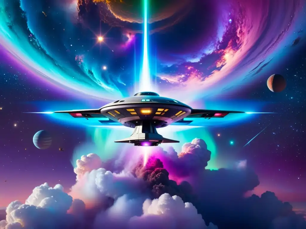 Espacio futurista en nebulosa multicolor Una nave espacial futurista flota sobre una nebulosa multicolor, transmitiendo un impacto singularidad tecnológica descubrimiento universos