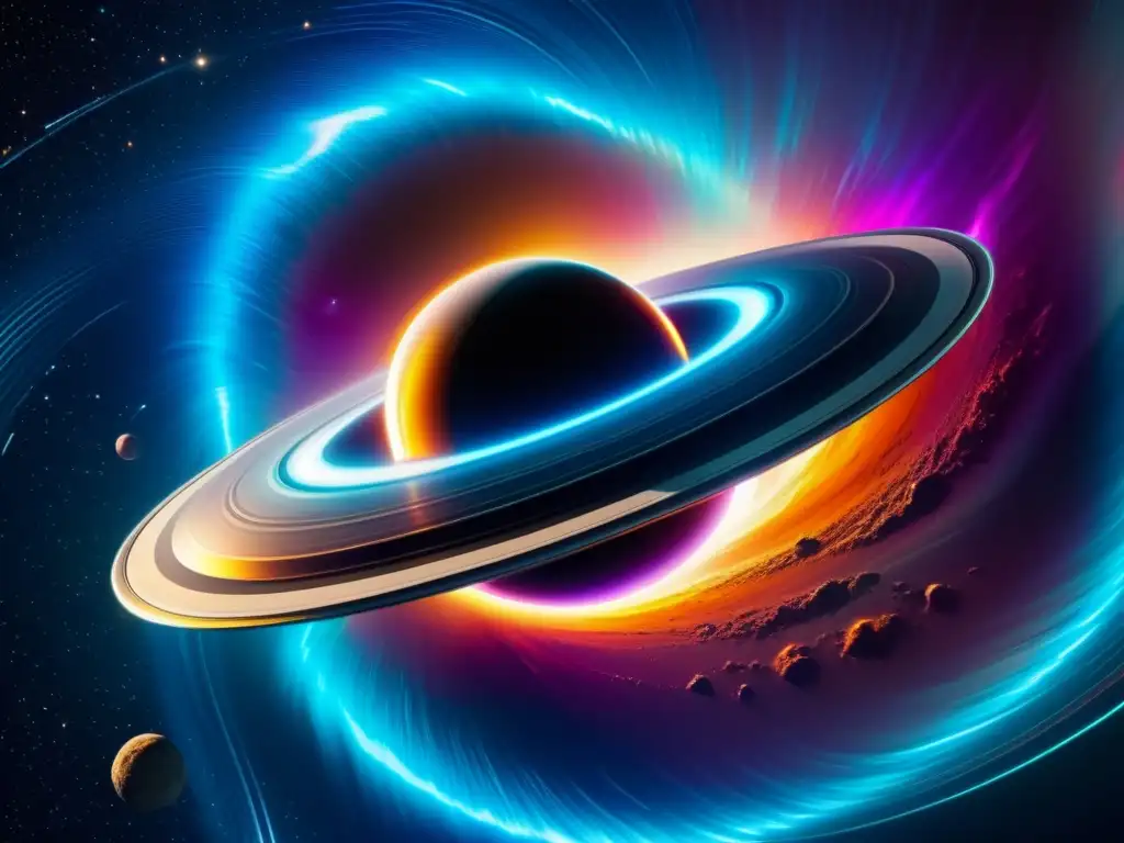 Nave espacial futurista frente a agujero negro: 8k Una nave espacial futurista frente a un agujero negro, con luces multicolores y tecnología avanzada