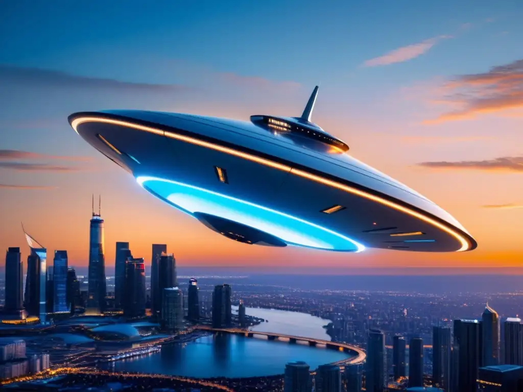 Antigravedad: Nave futurista desafía la ciudad al atardecer Una nave espacial futurista desafía la gravedad sobre el resplandeciente horizonte urbano al atardecer, evocando asombro y posibilidades