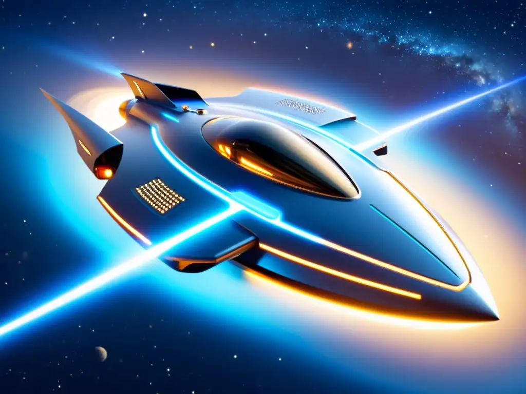 Nave espacial futurista con motor azul brillante en un remolino de energía Un nave espacial futurista con motor de propulsión interdimensional curvatura, rodeada de estrellas y energía cósmica