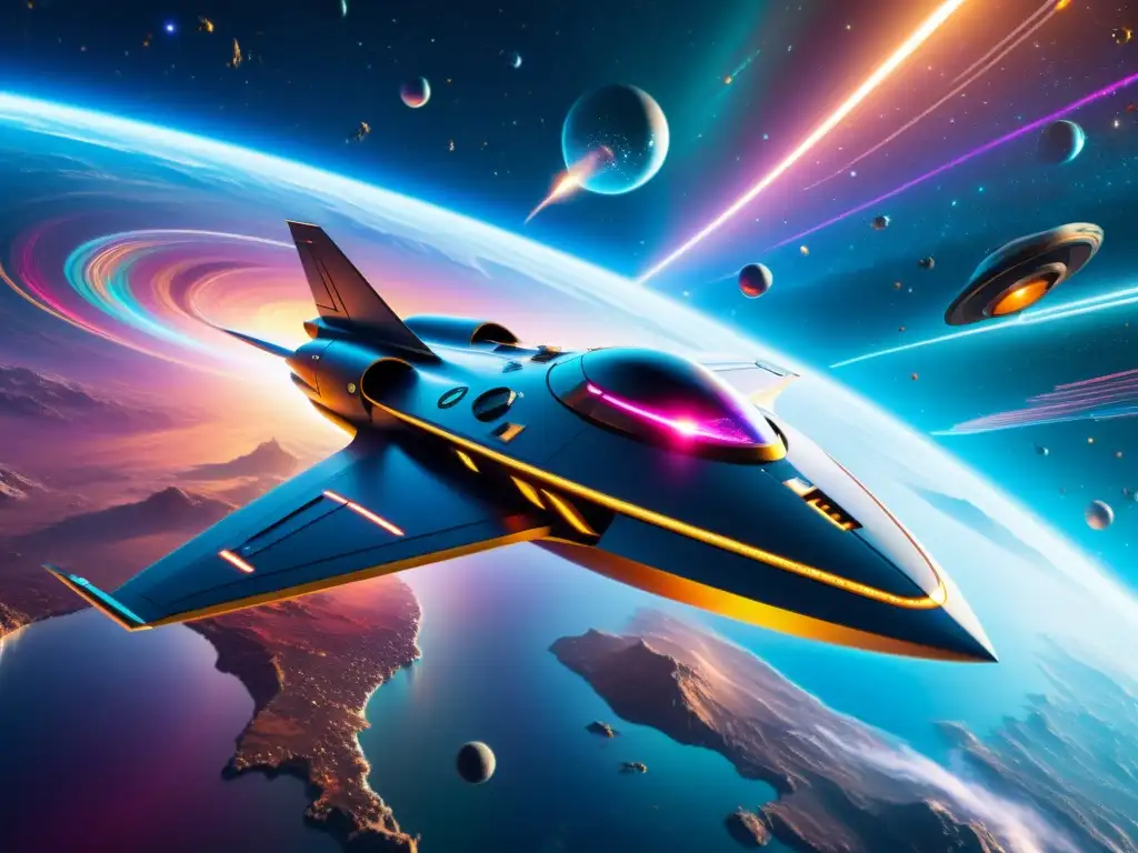 Espacio Futurista en Multiverso 8K Una nave espacial futurista surca un multiverso colorido, mostrando tecnología avanzada para explorar el multiverso