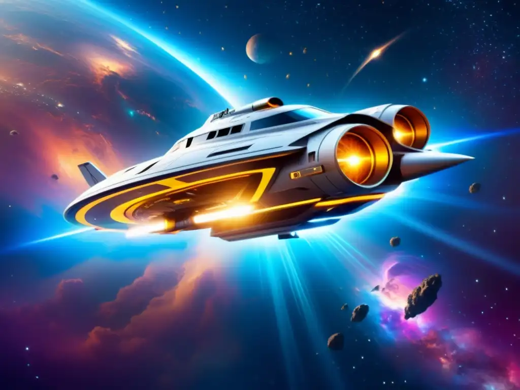 Nave espacial futurista en nebulosa vibrante Una nave espacial futurista en un nebulosa vibrante, con detalles de brillantes motores y haces de energía, rodeada de luz deslumbrante