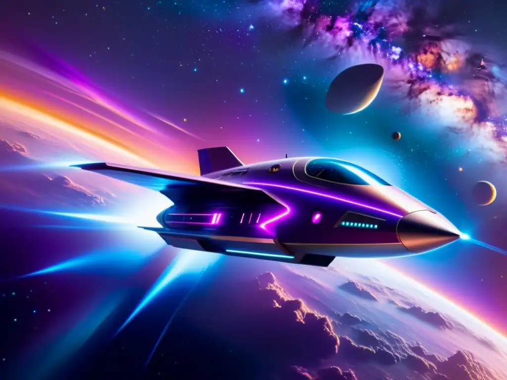 Nave espacial futurista surcando una nebulosa vibrante Una nave espacial futurista surca una nebulosa vibrante, con propulsores brillantes y curvas metálicas, en un viaje de venganza en el espacio