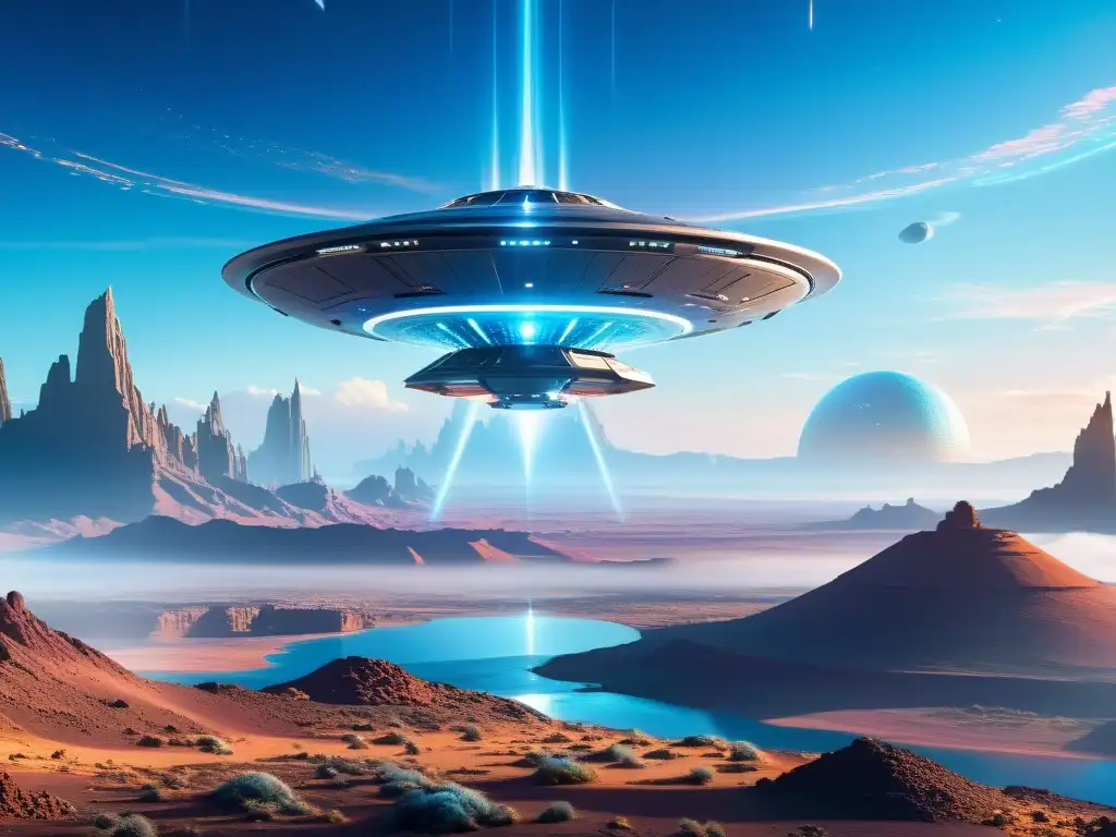 Una nave espacial futurista surca un paisaje vibrante y alienígena, iluminando cristales, plantas iridiscentes y una ciudad lejana