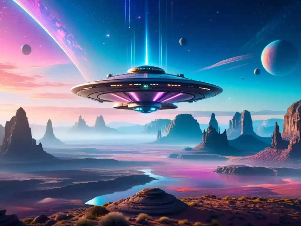 Espacio Futurista sobre Paisaje Alienígena Una nave espacial futurista sobrevuela un paisaje vibrante y misterioso en dimensiones desconocidas de The Outer Worlds