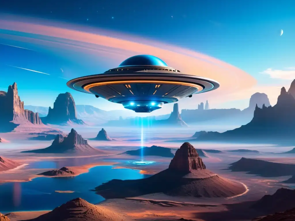 Espacio interdimensional: nave futurista sobre paisaje alienígena Una nave espacial futurista sobrevuela un paisaje alienígena, con implicaciones éticas de viajes interdimensionales
