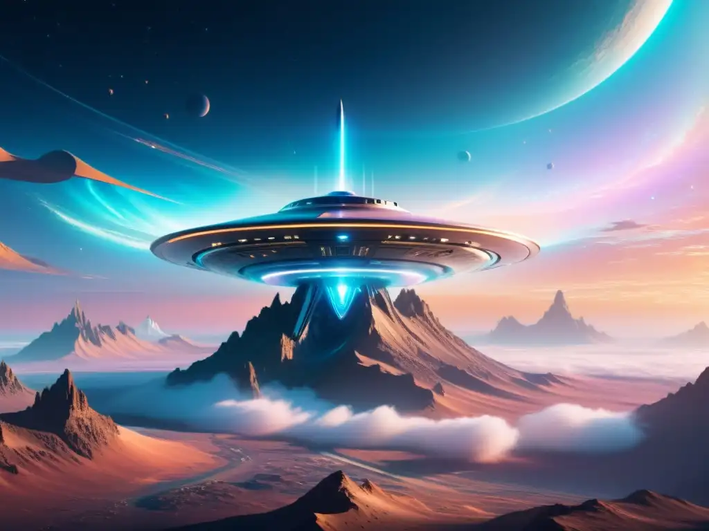 Nave espacial futurista sobre paisaje alienígena Una nave espacial futurista brilla sobre un paisaje mágico