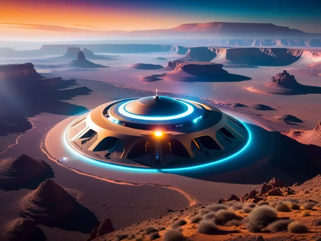 Una nave espacial futurista flotando sobre un paisaje alienígena, evocando viajes interdimensionales en la ciencia ficción