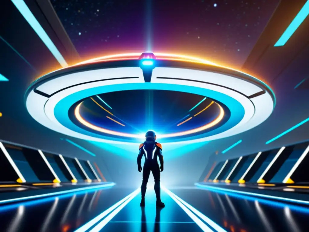 Nave espacial futurista junto a un portal interdimensional vibrante Una nave espacial futurista se eleva sobre un portal reluciente, con energía vibrante y colores brillantes
