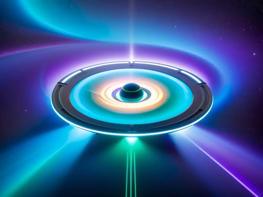 Exploración interdimensional: Nave espacial futurista y portal multicolor Una nave espacial futurista sobrevuela un portal multicolor, exudando tecnología avanzada y energía de fusión fría