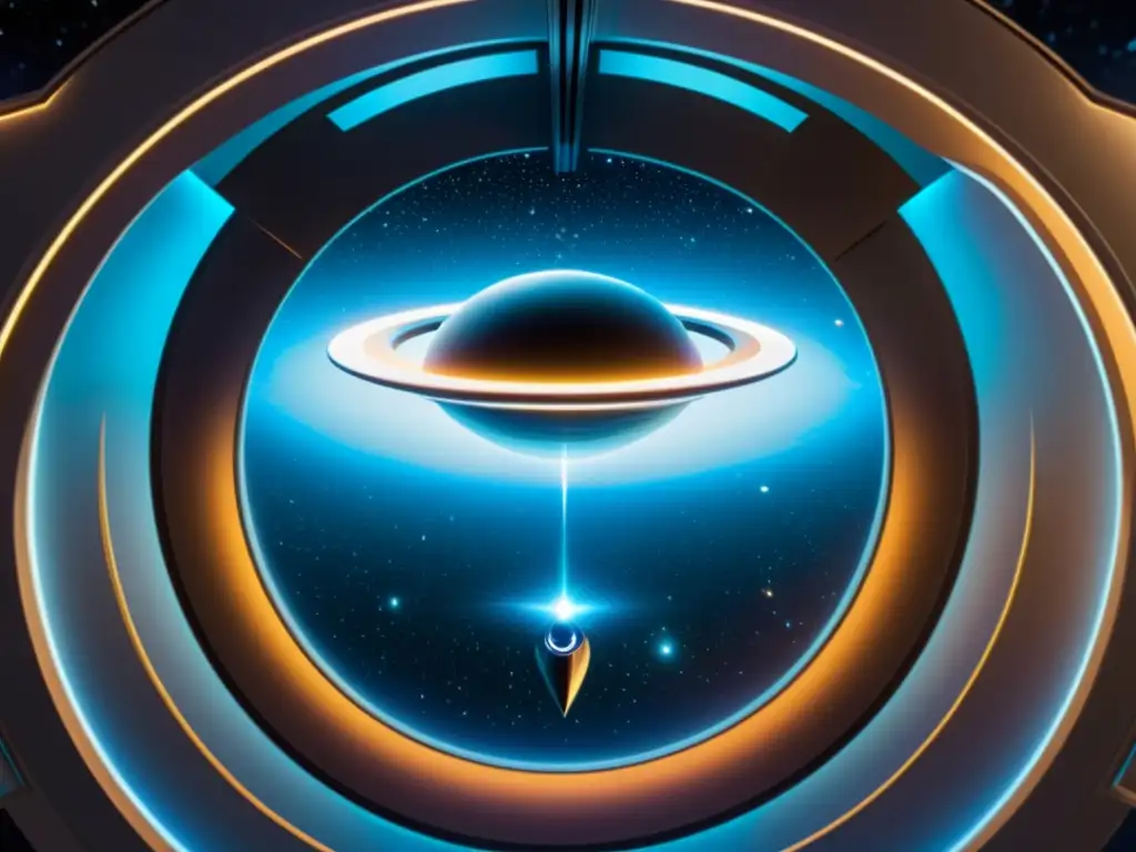 Portal interdimensional: Nave espacial explorando universos paralelos Una nave espacial futurista se desliza en un portal brillante, revelando universos con distintas características